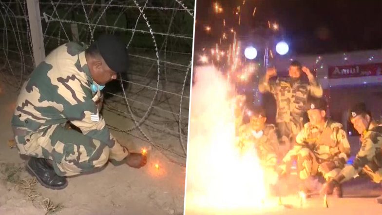 Diwali 2020: BSF Jawans Light Diyas, Burst Firecrackers in Jammu and Kashmir on Deepavali (Watch Video)