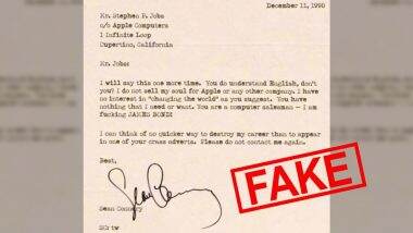 Did James Bond, Sean Connery Write to Steve Jobs That Doing Ad for Apple Inc. Would Be 'Quicker Way to Destroy Career'? Fact Check About the FAKE Letter Shared Even by Twelebs