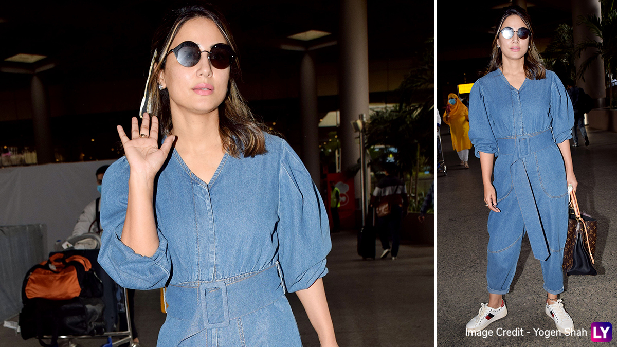 Hina Khan's Airport Fashion Is All About Pairing Her Denim Jumpsuit With a Louis  Vuitton Handbag and Stylish Reflectors (View Pics)