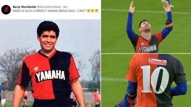 Lionel Messi Tribute to Diego Maradona! Barcelona Star Celebrates in Iconic Newell’s Old Boys Shirt, Dedicates Goal to Argentina Legend (Watch Video)