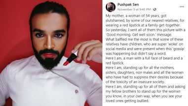 Tight-Lipped Response! Son Wears Red Lipstick and Posts Photo With 'Get Well Soon' Caption After Relatives Slut-Shamed His Mother at a Function For Wearing The 'Bold' Lip Colour (See Viral Pic)