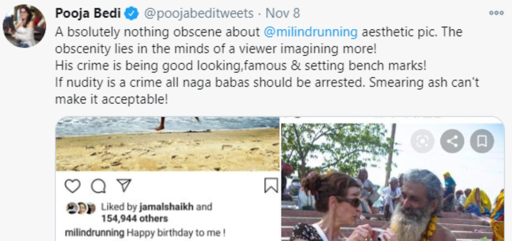 Pooja bedi justifies the nude beach picture of milind soman