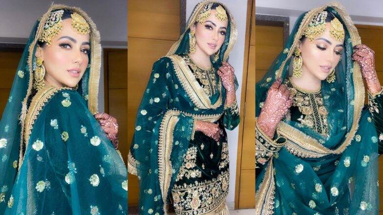 Newlywed Sana Khan Looks Breathtaking in a Bottle Green Sparkly Sharara ...