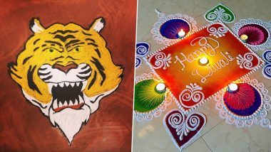 Diwali 2020 Quick Rangoli Designs for Vagh Baras: Traditional Vasubaras Deepavali Design With Tiger and Cow Face to Make on First Day of This Festival