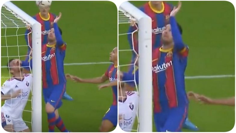 Lionel Messi Almost Pulls Off Diego Maradona’s ‘Hand of God’ Goal During Barcelona vs Osasuna, La Liga 2020-21 (Watch Video)