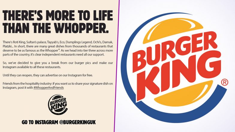 Burger King UK Wins Hearts Once Again, After It Announces to Promote Independent Restaurants on Its Instagram Account for Free! Netizens Say ‘Pure Empathy’ Over Everything