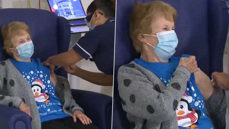 Margaret 'Maggie' Keenan, 90-Year-Old, Receives First Shot of Pfizer-BioNTech COVID-19 Vaccine in UK; Watch Video