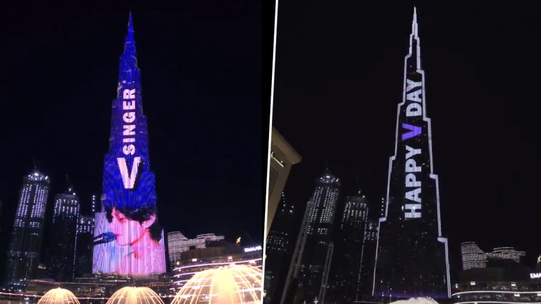 #TaehyungOnBurjKhalifa: BTS’ Singer V Gets Grand Birthday Display on Burj Khalifa With Winter Bear Song Playing in Background & ARMY Cannot Keep Calm! Watch Video of World’s Tallest Building