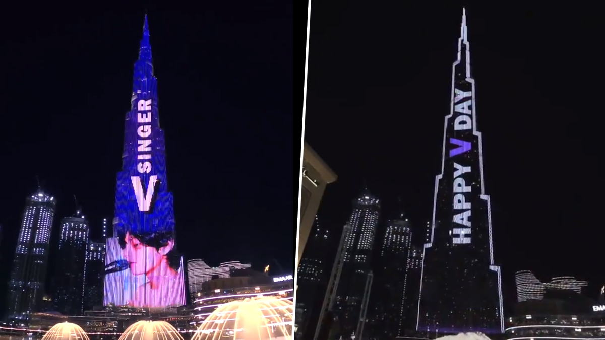 Taehyungonburjkhalifa Bts Singer V Gets Grand Birthday Display On Burj Khalifa With Winter Bear Song Playing In Background Army Cannot Keep Calm Watch Video Of World S Tallest Building Latestly