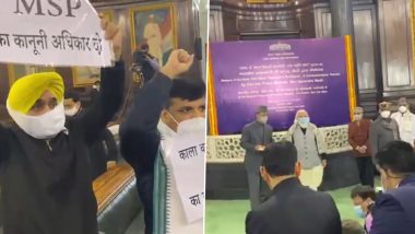 AAP MPs Bhagwant Mann And Sanjay Singh Protest Inside Parliament's Central Hall In Presence of PM Narendra Modi Demanding Rollback of Farm Laws (Watch Video)