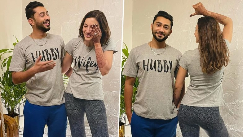 Just Married Gauahar Khan and Zaid Darbar Share Their First Picture Post the Wedding As They Flaunt Their ‘Hubby Wifey’ Tees (View Pic)