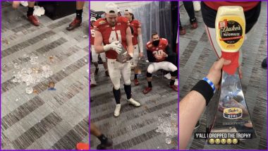 Wisconsin Badgers Football Team Player Graham Mertz Breaks Duke's Mayo Bowl Trophy While Celebrating, Replaces With Mayonnaise Bottle (Watch Viral Video)