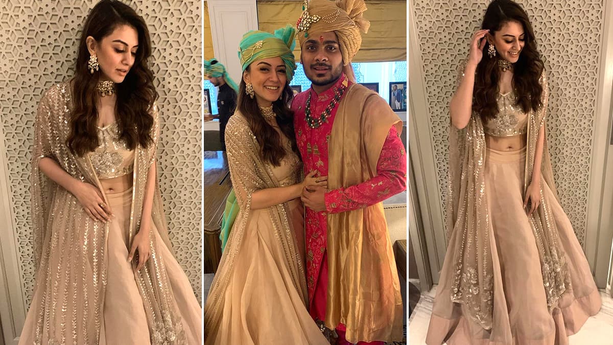 Hansika Motwani Is Baraat Ready in a Champagne Caped Lehenga