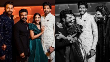 Niharika Konidela and Chaitanya JV’s Wedding: Couple Poses With Ram Charan and Allu Arjun at Their Sangeet Ceremony (View Photos and Videos)