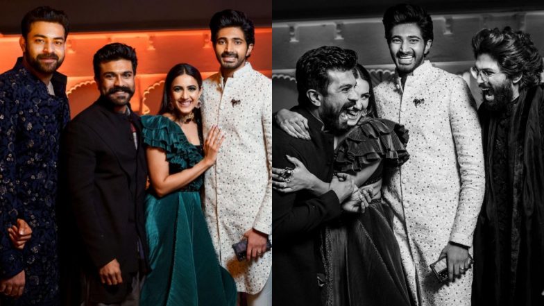 Niharika Konidela and Chaitanya JV’s Wedding: Couple Poses With Ram Charan and Allu Arjun at Their Sangeet Ceremony (View Photos and Videos)