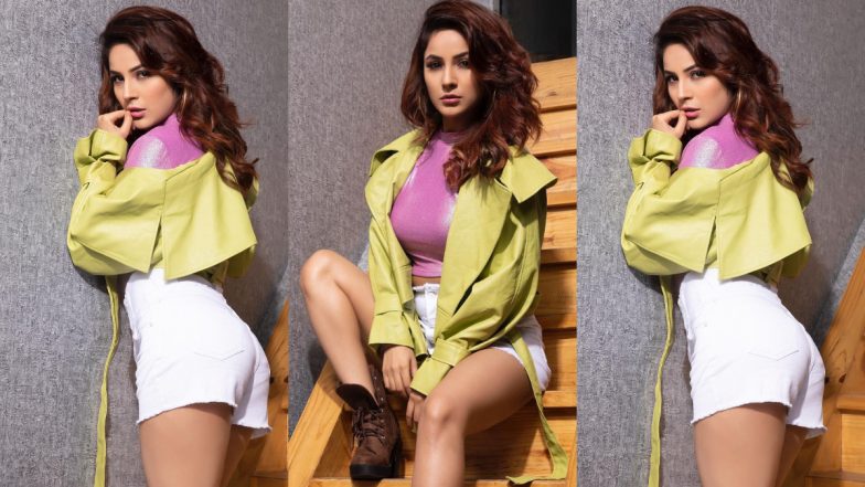 Bigg Boss 13’s Shehnaaz Gill Looks Tempting In A Shiny Pink Crop Top and White Shorts (View Pics)