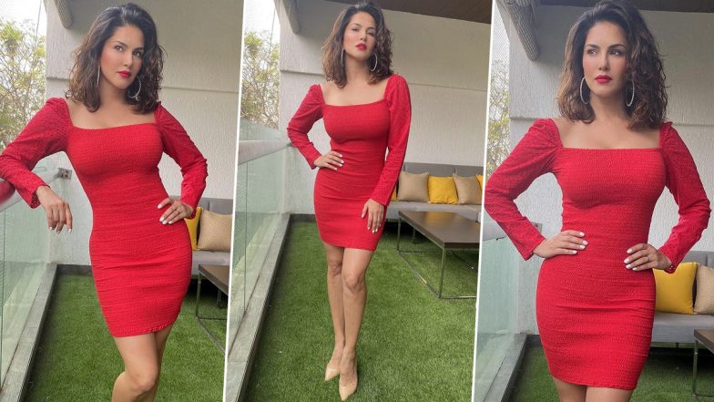 Sunny Leone Looks Radiant in Gorgeous Red Outfit, in Search for ‘Mistletoe and a Hottie’ During Holiday Season (View Pics)