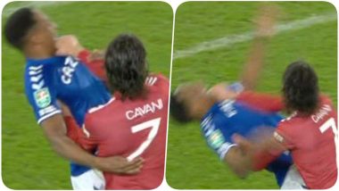 Edinson Cavani Grabs Yerry Mina’s Throat During Everton vs Manchester United, EFL 2020-21 Cup, Escapes Red Card (Watch Video)