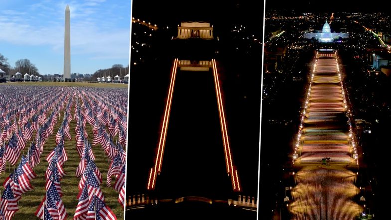 US Inauguration Day 2021: National Mall Illuminated With Pillars of Light, ‘Field of Flags’ for Americans Who Can’t Attend Joe Biden’s Inauguration