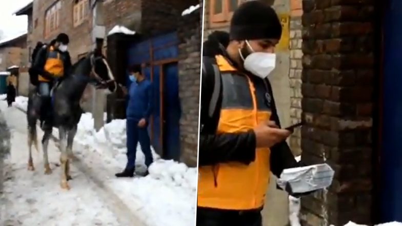 Amazon Delivery Boy Rides a Horse Amid Snow-Clad Roads in Kashmir, Watch Video