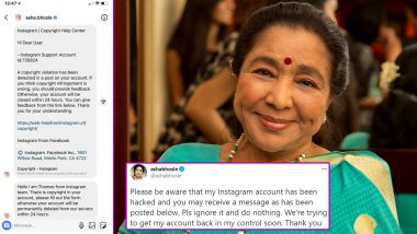 Asha Bhosle's Instagram Account Hacked, Singer Warns Followers Against Responding To Suspicious Messages Sent From Her Account (View Tweet)