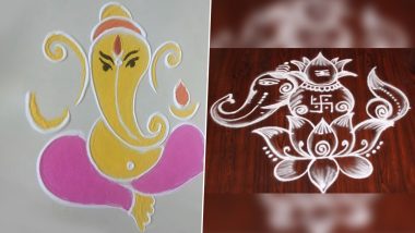 Akhuratha Sankashti Chaturthi 2021 Rangoli Ideas: Easy Muggulu Patterns, Lord Ganesha Pookalam Designs and Simple Flower Rangoli to Decorate Your House for the Auspicious Occasion (Watch DIY Videos)