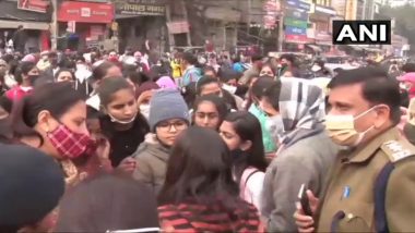 Gurugram: Students of Rajkiya Kanya Mahavidyalaya Protest Outside Their College Demanding Cancellation of Semester Examination