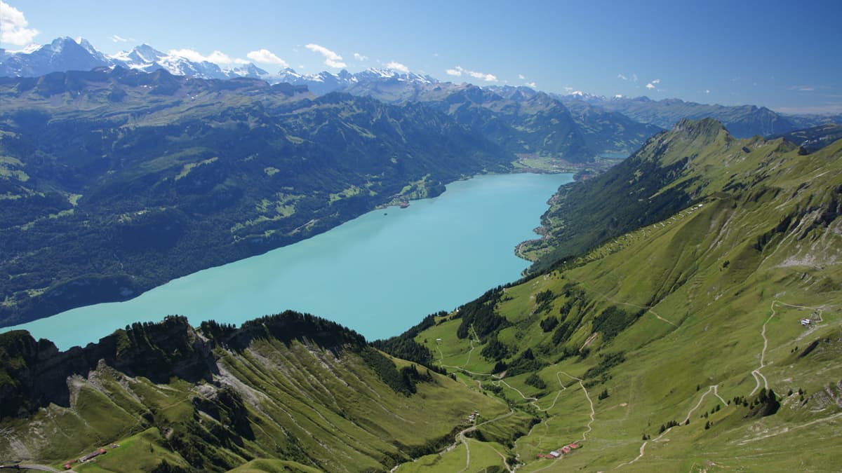 The turquoise Lake Brienz is set amid the spectacular mountain scenery of the Bernese Oberland. The turquoise Lake Brienz is set amid the spectacular mountain scenery of the Bernese Oberland.