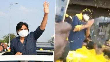 Pawan Kalyan’s Fans Welcome the Megastar With Oodles of Flowers Amid a Political Rally in Tirupati (Watch Video)