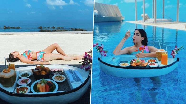 Sara Ali Khan Gives a Sneak Peek of Her Lunch Spread in the New Pictures From Her Maldives Vacation but It Is Her Camo Heart Bikini That Stole Our Hearts (View Pics)