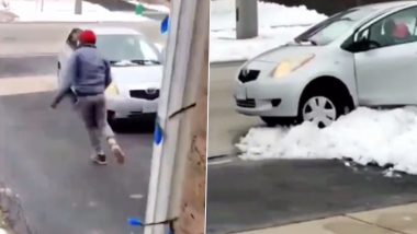 Epic Robbery Fail! Man Caught Stealing Package From Porch After His Getaway Car Gets Stuck in Snow, Hilarious Video Goes Viral