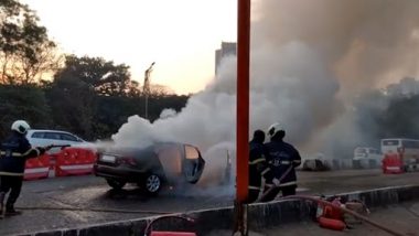 Moving Car Catches Fire on Eastern Expressway in Thane’s Anand Nagar, Burning Car on Busy Ghodbunder Road Creates Panic (See Pic)