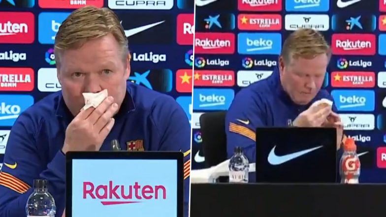 Barcelona Boss Ronald Koeman Suffers From Nose Bleed During Press Conference Ahead of Sevilla Clash in La Liga 2020-21 (Watch Video)