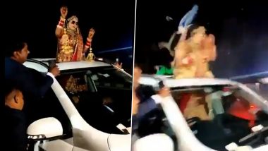 Uttar Pradesh Accident: Bride Dancing in Open Sun-Roof Car Has Narrow Escape After Speeding Vehicle Crashes Into Wedding Procession (Watch Video)