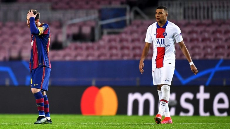 Kylian Mbappe Produces Brilliant Skill To Go Past Lionel Messi and Other Barcelona Players in UCL 2020-21 Clash (Watch Video)