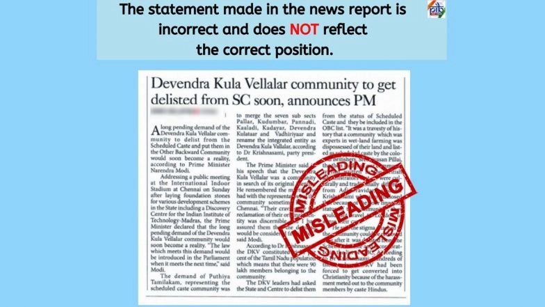 Devendra Kula Vellalar community to be Delisted from Schedule Caste? PIB Fact Check Reveals the Truth Behind Misleading News Report