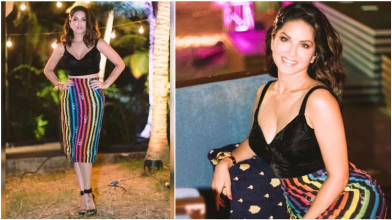 Sunny Leone Cuts a Glamorous Figure in Black Crop Top and Multi-Coloured Pencil Skirt Co-Ord Set (View Pics)