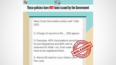 Viral WhatsApp Message Claims COVID-19 Vaccine Charge For Next Phase of Vaccination is Around Rs 500; PIB Fact Check Terms it 'Misleading'