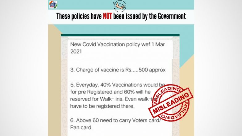 Viral WhatsApp Message Claims COVID-19 Vaccine Charge For Next Phase of Vaccination is Around Rs 500; PIB Fact Check Terms it 'Misleading'