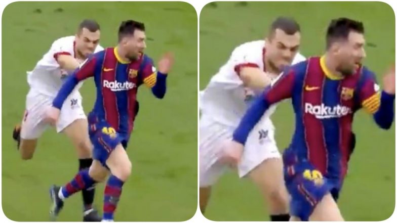 Lionel Messi Targeted by Joan Jordan During Sevilla vs Barcelona, La Liga 2020-21, Midfielder Desperately Attempts to Pull Argentine to the Floor (Watch Video)