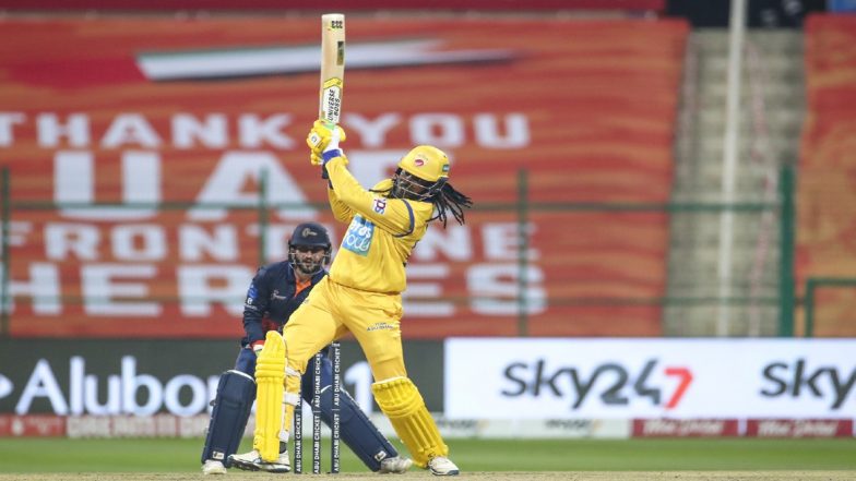 T10 League 2021: Chris Gayle Scores 22-Ball 84 in Abu Dhabi T10, With Six 4s and Nine 6s (Watch Video)