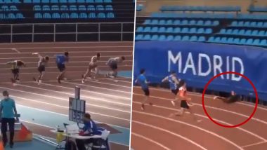 Winning Momentum! Sprinter Wins But Continues Running to Take a Face-Plant to the Stadium Hoarding, Watch Viral Video