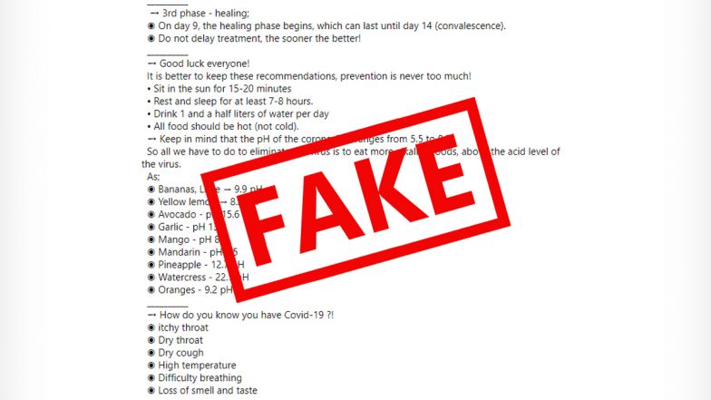 Coronavirus with pH Value of 5.5–8.5 Can be Cured by Eating ‘Alkaline’ Fruits? Know Truth Behind Fake Facebook Post And Correct  pH Scales of Fruits