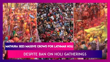 Despite Ban On Holi Gatherings, Mathura Sees Massive Crowd For Lathmar Holi