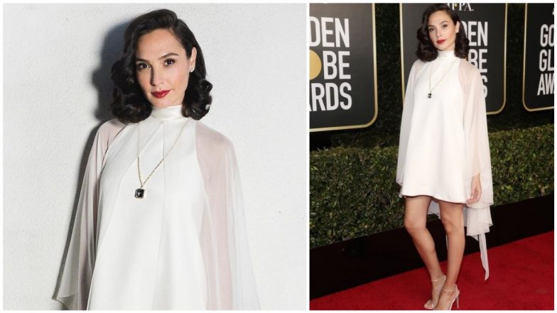 Gal Gadot Looks Like a Vision in White Givenchy Dress with Tiffany & Co. Blue Book Pendant Necklace for Golden Globes 2021