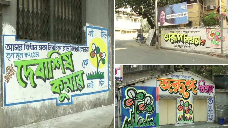 West Bengal Assembly Elections 2021: Graffiti with TMC's Symbol & Slogans Cover Walls in South Kolkata (Watch Pictures)