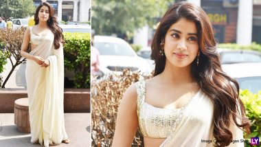 Janhvi Kapoor in a Manish Malhotra Ivory Chiffon Saree for Roohi Promotions Is Elegance Personified (View Pics)