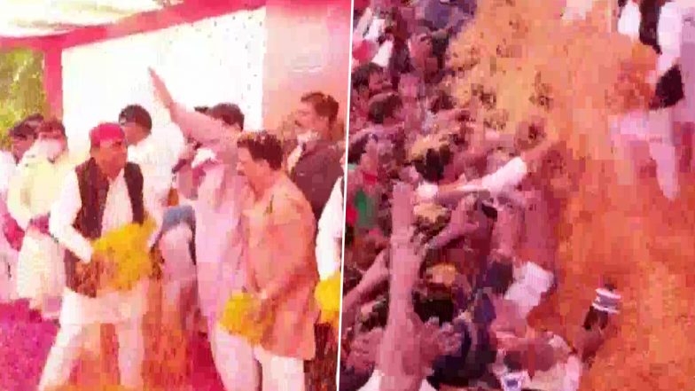 Holi 2021: Akhilesh Yadav, Samajwadi Party Workers Play Holi With Flower Petals in Saifai