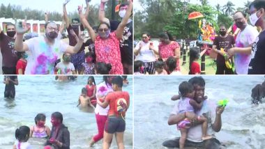Holi 2021: Tourists Celebrate The Festival at Miramar Beach in Goa's Panaji (Watch Pictures)