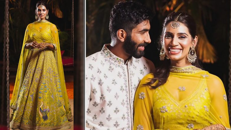 Jasprit Bumrah and Sanjana Ganesan Look Stunning in Anita Dongre Couture! But It's the Cricketer's Wife Who Is Stealing the Attention in Gorgeous Yellow Lehenga (See Pics)